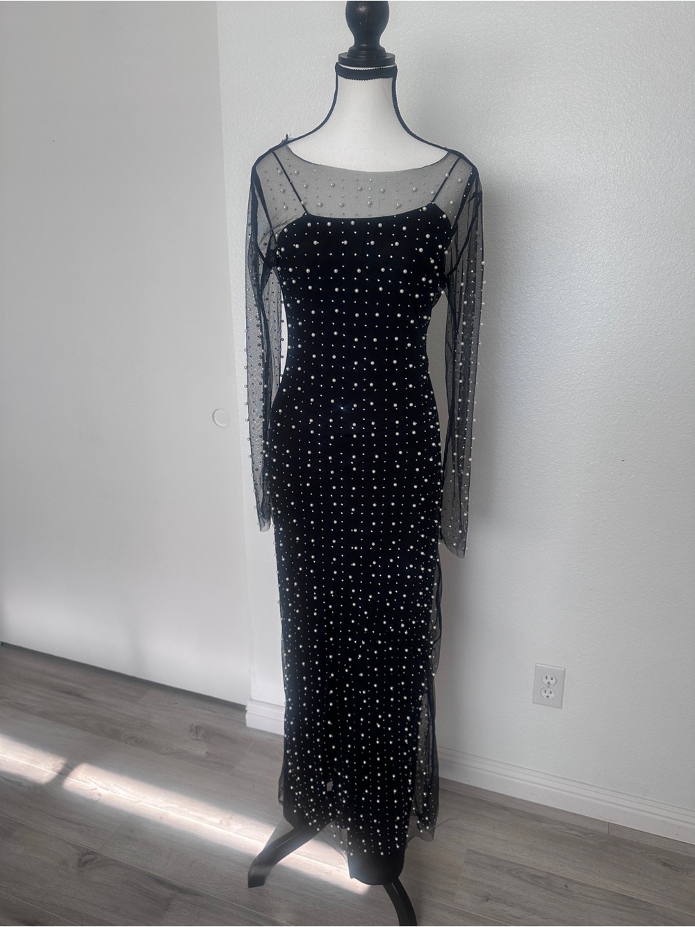 Black Mesh Illusion Evening Dress with Rhinestone Embellishment